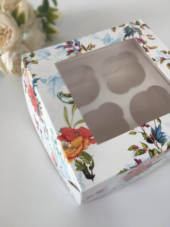 Упаковка под 4 капкейка/пирожных/бенто-торт с окном "Акварель райские птички"